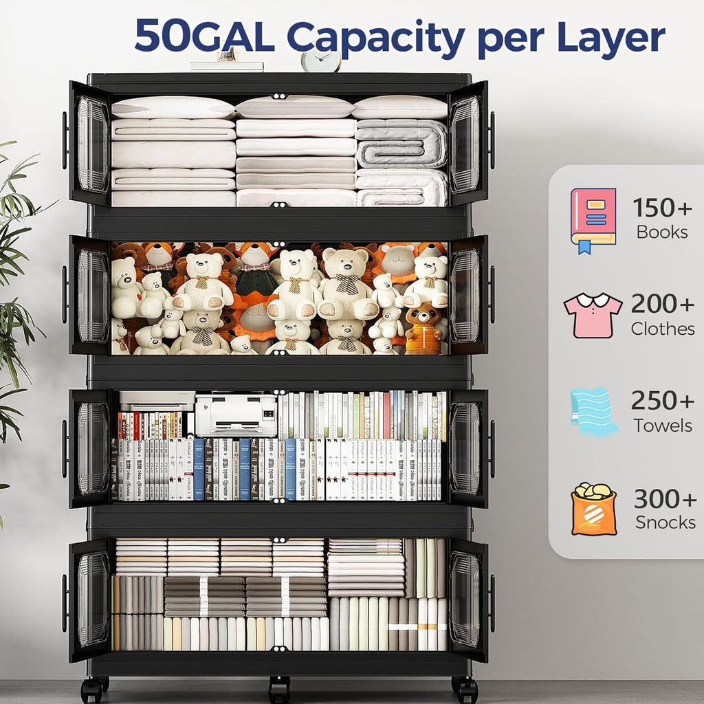 200 Gallon Extra Large Storage Bin with Lid and Wheels, Stackable Collapsible Plastic Storage Box with Door, Foldable Organizer for Closet, Kitchen, Office, Living Room, 4 Pack Black