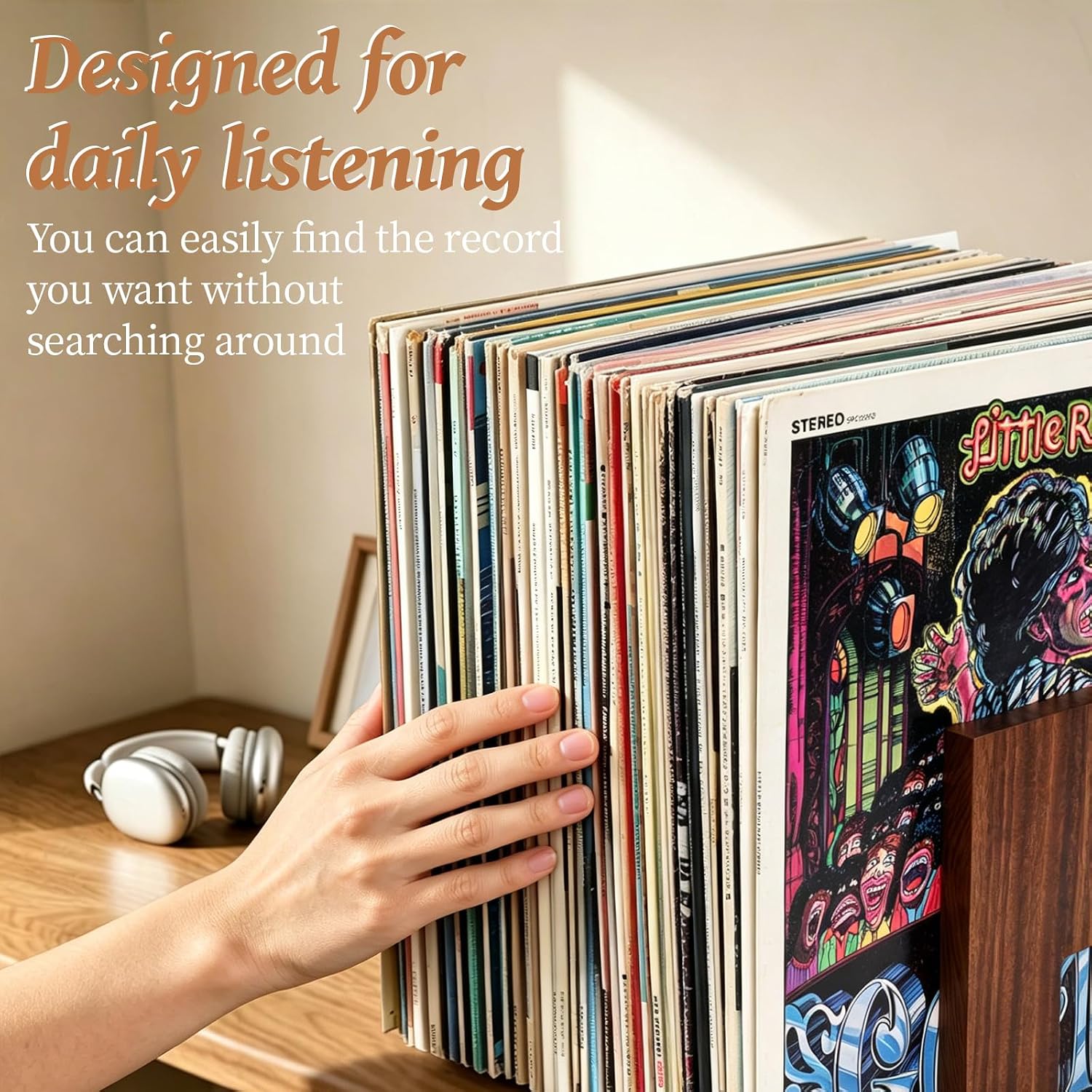 Vinyl Record Holder, A Retractable Vinyl Holder that Can Keep Records Stored Upright. Crafted from Walnut Wood,Record Holder Can Hold Up to 70 Records and is Suitable for Record Display (walnut wood)
