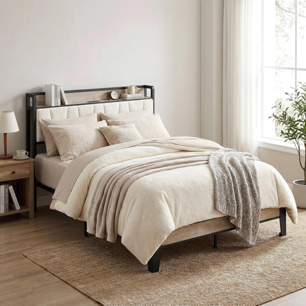 LIKIMIO Queen Bed Frame with Storage Headboard and Charging Station