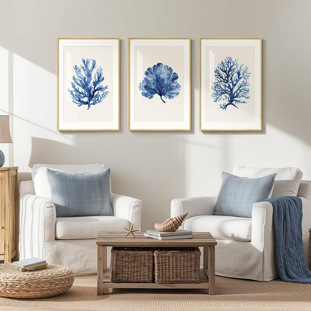 Framed Coastal Ocean Blue Coral Large Wall Art for Living Room, 16x24 Inch