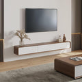 POVISON Fully Assembled Floating TV Stand with Flip-Down Cabinet Doors, 63" Walnut and White Floating Media Console, Solid Wood Floating Entertainment Center, Minimalist TV Stand