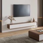 POVISON Fully Assembled Floating TV Stand with Flip-Down Cabinet Doors, 63" Walnut and White Floating Media Console, Solid Wood Floating Entertainment Center, Minimalist TV Stand