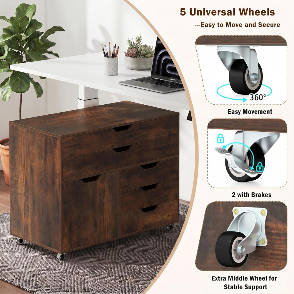 POWERSTONE Rolling File Cabinet 5-Drawer & One Side Door Storage Unit, Wo...