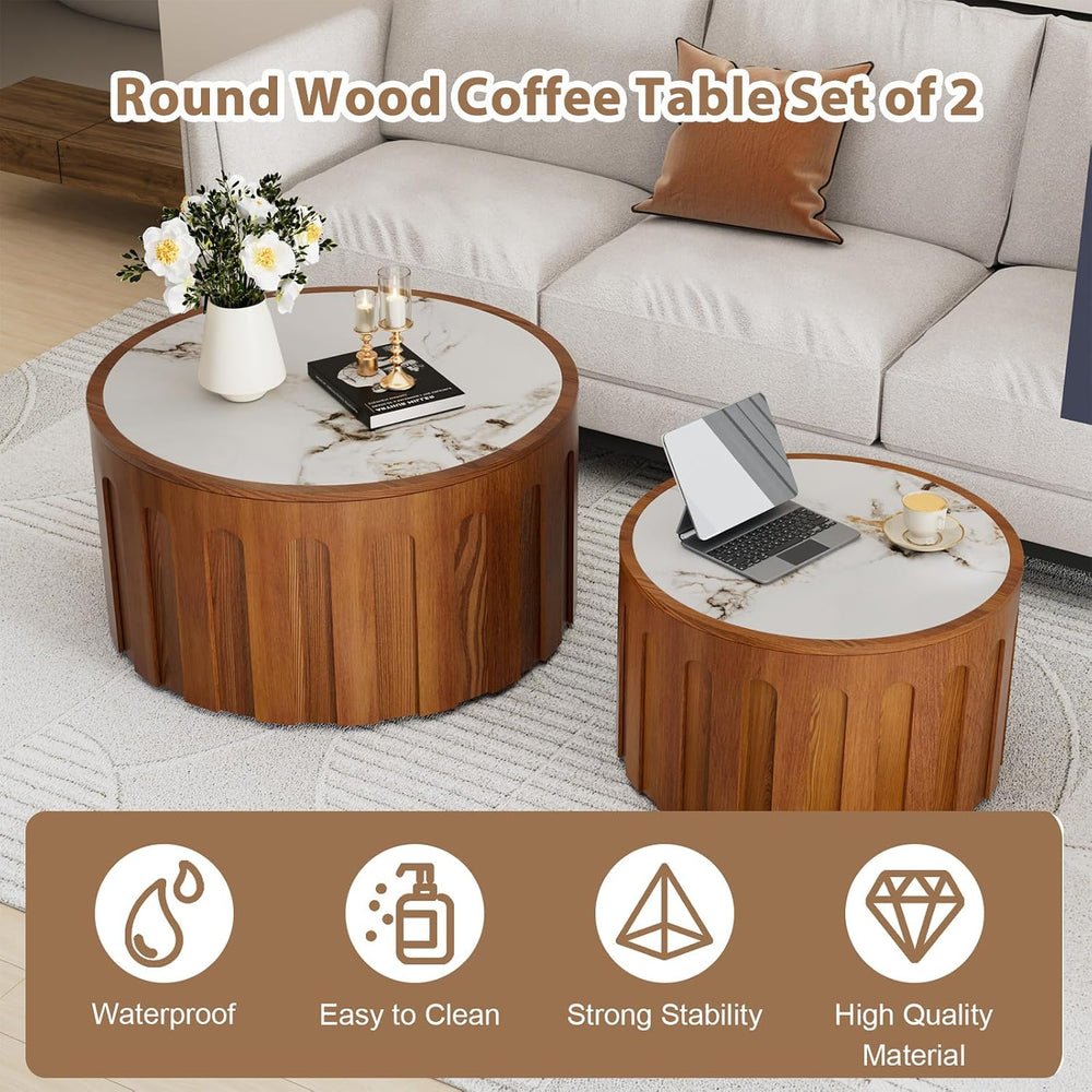 Modern Fluted Nesting Coffee Table Set of 2 | 26.4 in & 19.7 in Round Dru...