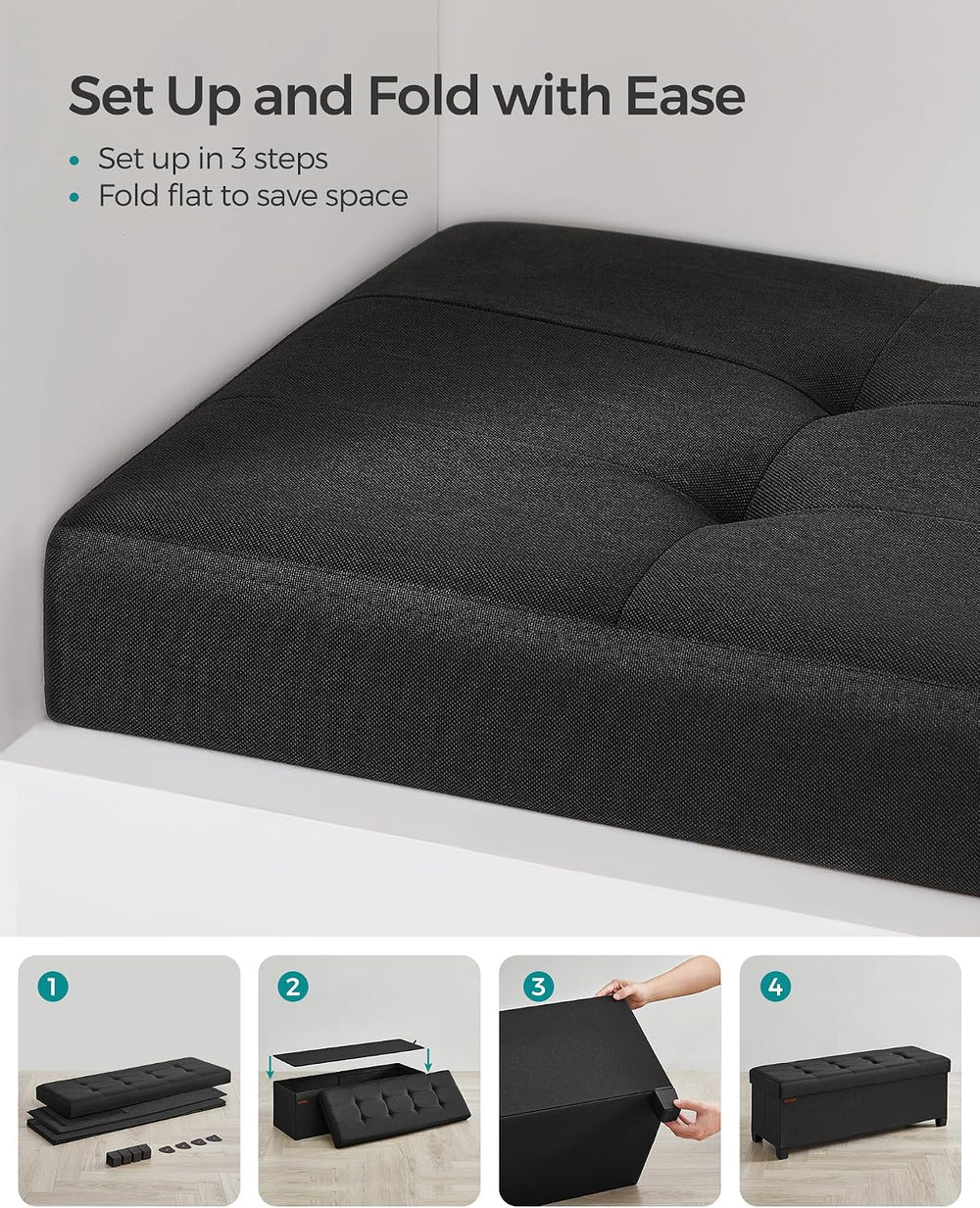 SONGMICS Storage Ottoman Bench, Foldable Foot Rest with Legs, 15 x 43 x 15.7 ...