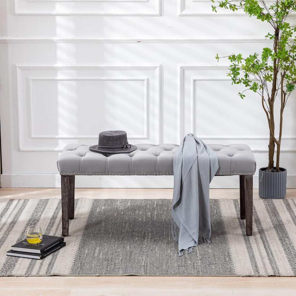 KCC Button-Tufted Ottoman Bench, Upholstered Velvet Bedroom Benches,Gray