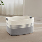 45L Small Laundry Basket with Leather Handles for Living Room Storage, Woven Rope Baskets Bin for Blanket, Kids Toy, Gifts, Wicker Hamper for Bedroom Dirty Clothes, 18"x14"x11" White Grey