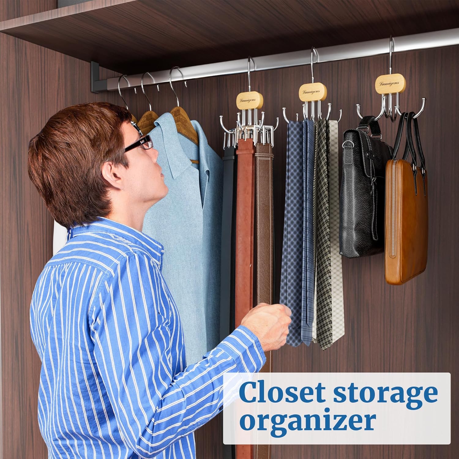 Belt Hanger, Belt Organizer for Closet,Rotatable Tie Rack,Belt Holder,Hanging Closet Storage Hook for Belt, Bra, Tank Top, Tie, Scarf, Purse,2PCS,Natural