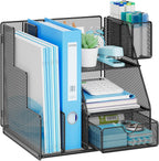 Marbrasse Desk Organizer and Accessories, 3-Tier File Organizer with Drawer and Pen Holder, Small Desktop Organizer and Storage for Workspace Office Supplies Black