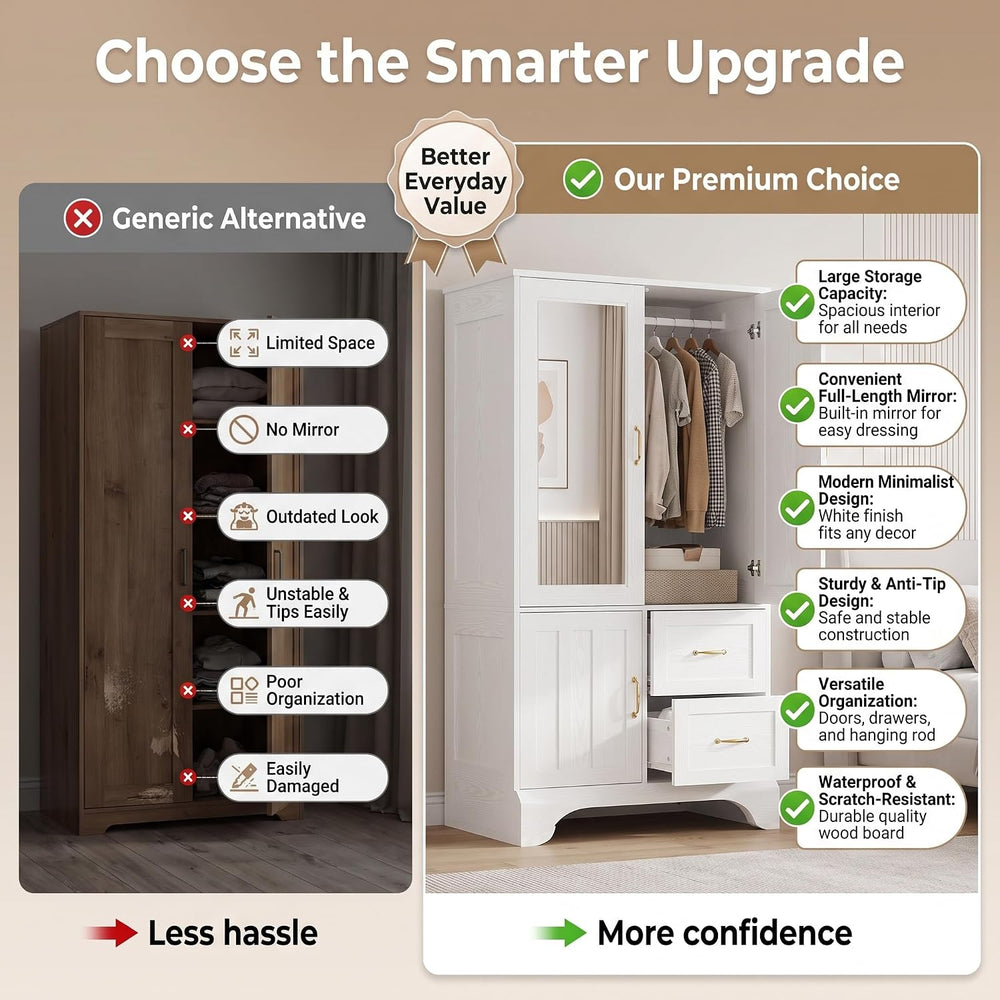 LIKIMIO Armoire Wardrobe with Mirror, 3-Door Hanging Rod & Drawers | 3-do...