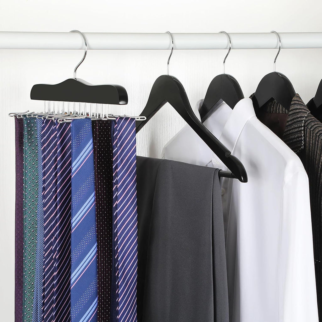 TOPIA HANGER Tie Rack Hanger for Closet, Wooden Tie Organizer for Men with 24 Folding Hooks, Space Saving Necktie Holder for Storage and Display Bra, Tank Top, Camisole (1-Pack), Black- CT14B