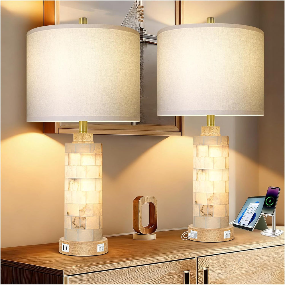KIVDITZO 27" Alabaster and Wood Table Lamps Set of 2 with Night Light