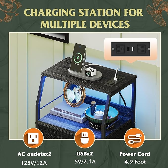 WLIVE Nightstand with Charging Station, Black Night Stand with LED Light, Tal...