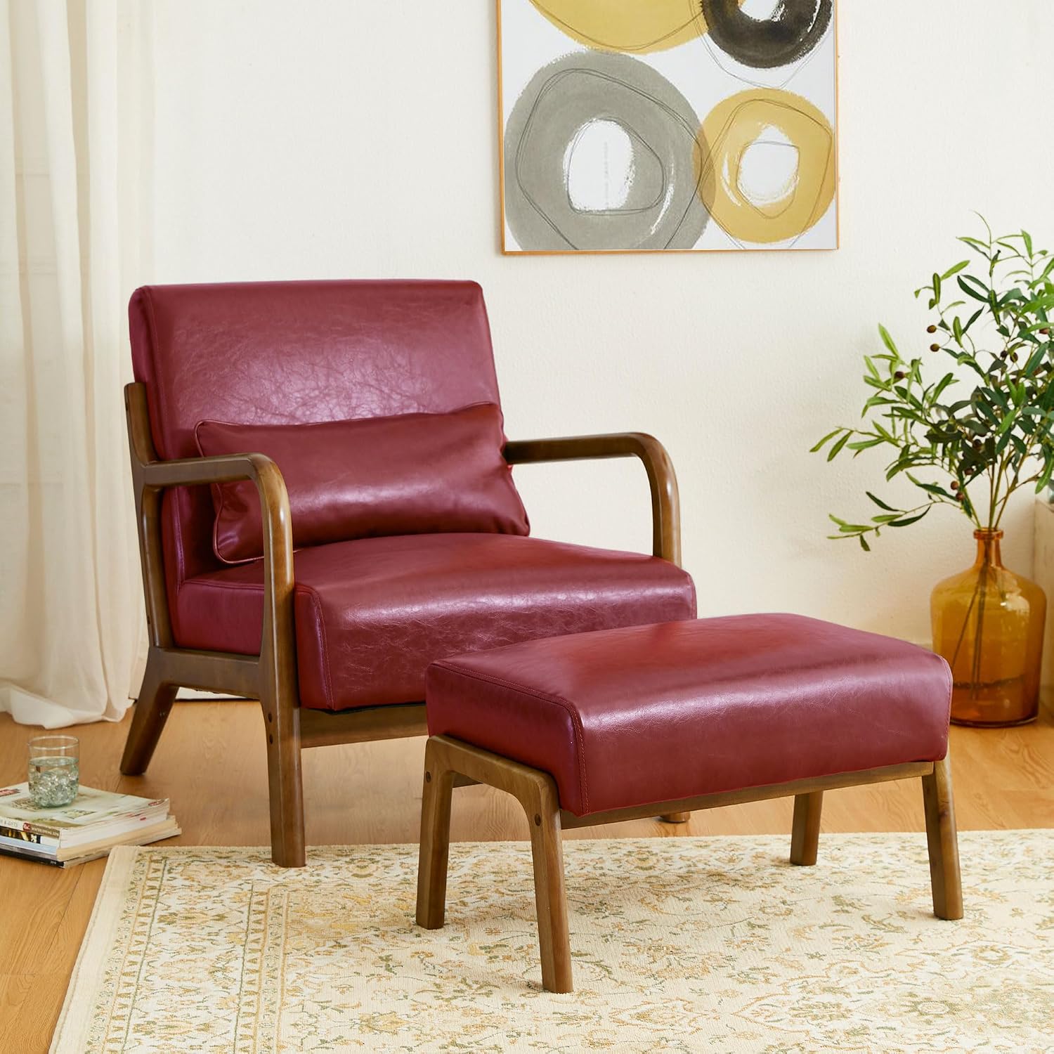 Glitzhome Foot Stool Ottoman, Modern Leatherette Sofa Stool Vanity Chair with Rubber Wood Frame, Footrest Ottoman Bench for Living Room, Entryway, Wine Red