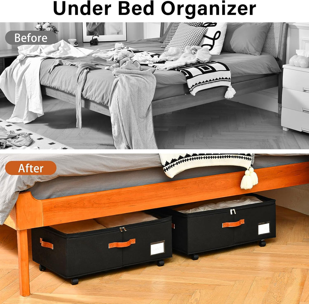 Freebat Under Bed Storage with Wheels 2 Pack, Underbed Container | 10 inch Height Under Bed Drawers with Clear Lid Cover, Storage Bag Box with Visiable Window for Clothes, Bedsheet, Pillow