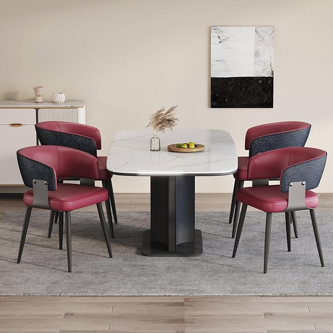 Modern Dining Chairs Set of 4, Upholstered Faux Leather Kitchen Side Chairs with Curved Open Back, Easy Assembly for Dining Room, Restaurant, Cafe, Magenta
