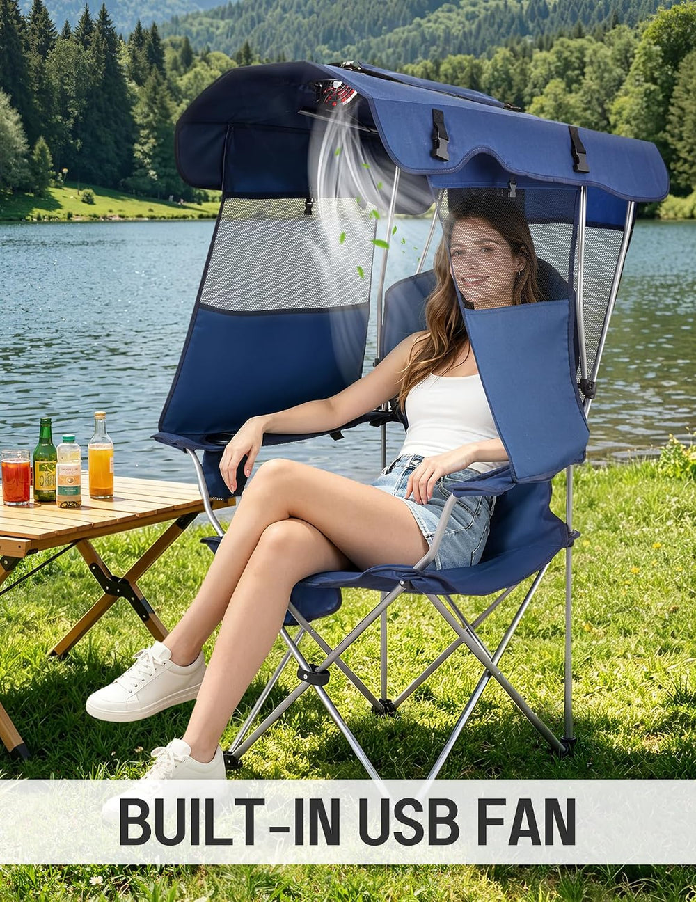 East Oak Camping Chair with Canopy & Fan, 25" High Back Canopy Chair...