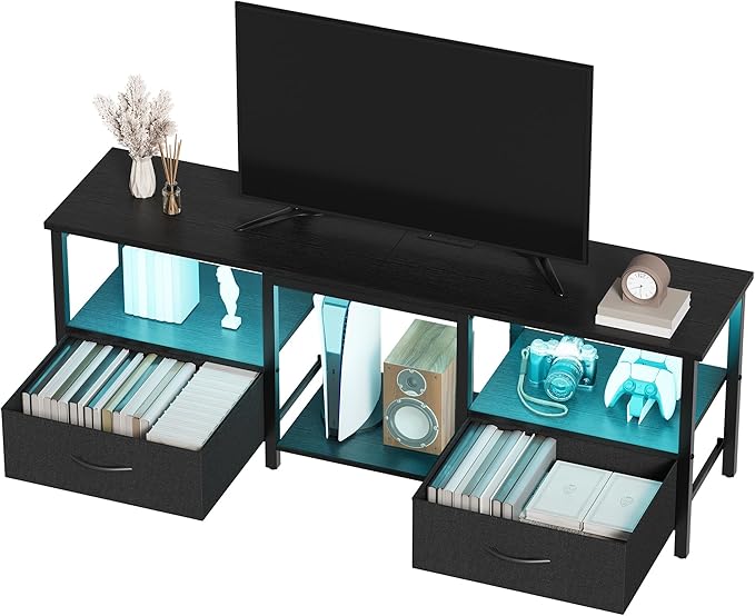 TV Stand for 65 Inch TV, LED Entertainment Center with Fabric Drawers and Power Outlets, Modern Industrial TV Media Console for Living Room, Bedroom Storage Cabinet - 59'' Black