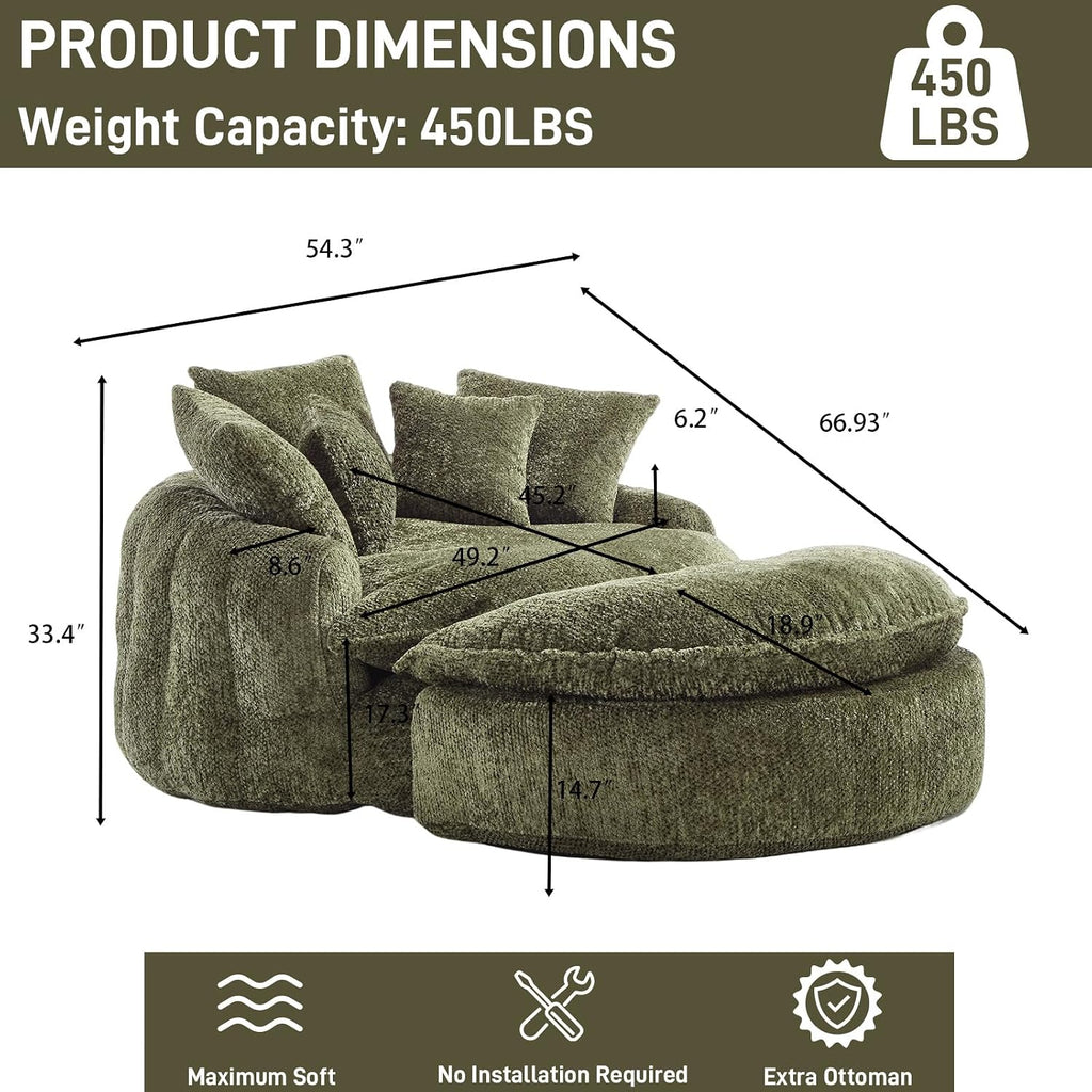 54'' Oversized Round Bean Bag Chaise Lounge Barrel Chair with Movable Ottoman, Fluffy Cloud Couch Boneless Round Sofa Chair for Living Room, Bedroom, Apartment, Green