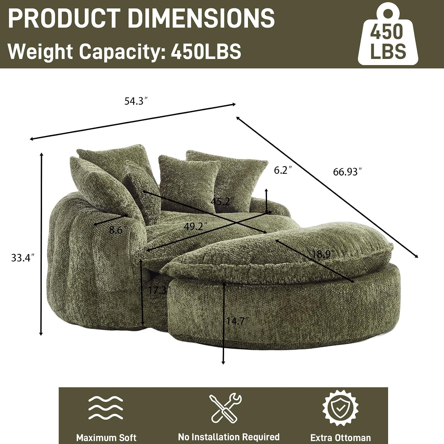 54'' Oversized Round Bean Bag Chaise Lounge Barrel Chair with Movable Ottoman, Fluffy Cloud Couch Boneless Round Sofa Chair for Living Room, Bedroom, Apartment, Green