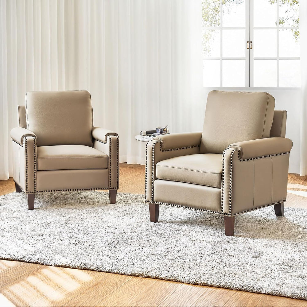 HULALA HOME Genuine Leather Accent Chair Set of 2 with Nailhead Trim, Beige |...