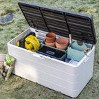 100 Gallon Outdoor Storage Box Waterproof Lockable Resin Deck Box Large, Patio Storage Bin for Pool Accessories Cushion Furniture, Garden Tools, UV-Resistant Outside Delivery Black&White