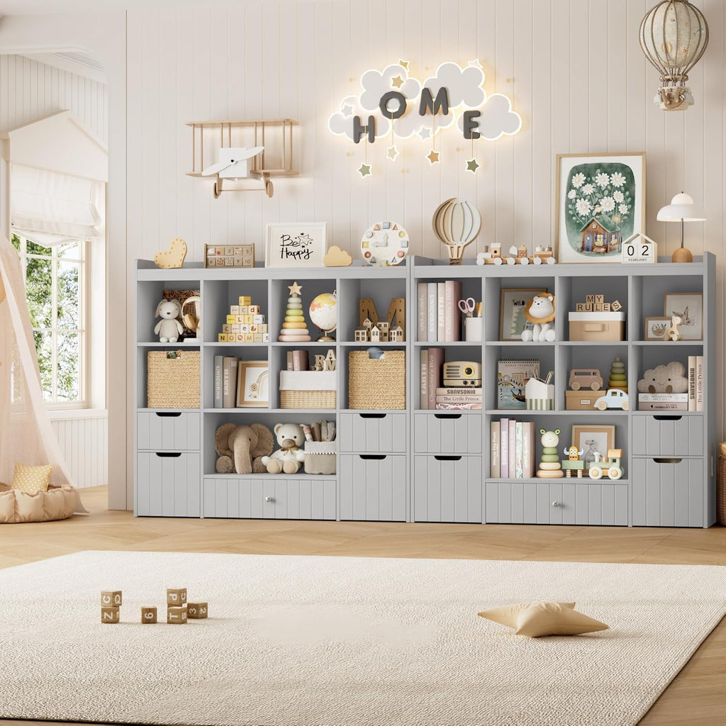 HORSTORS 48" W Kids Toy Storage Organizer, Large Toy Storage Chest with Removable Bins, 46" H Kids Bookshelf and Bookcase with Drawers for Boys and Girls, Modern Toy Box for Playroom, Classroom, Grey