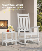 KINGYES Oversized Outdoor Rocking Chair Set of 2, All-Weather Patio Rocking Chairs for Porch, HDPE Outdoor Patio Recliner Rockers with High Back & Wide Seat for Garden, Lawn, White