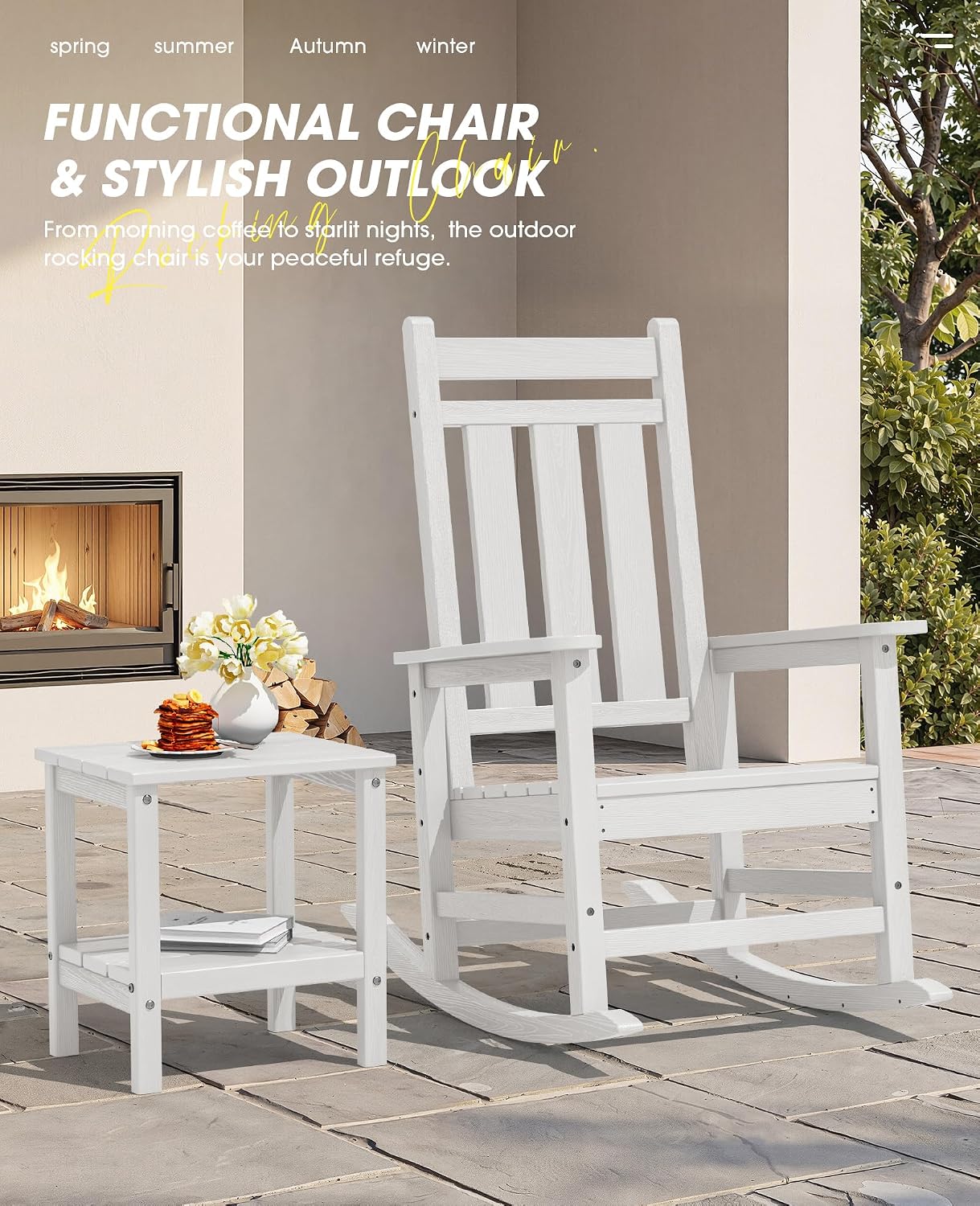 KINGYES Oversized Outdoor Rocking Chair Set of 2, All-Weather Patio Rocking Chairs for Porch, HDPE Outdoor Patio Recliner Rockers with High Back & Wide Seat for Garden, Lawn, White