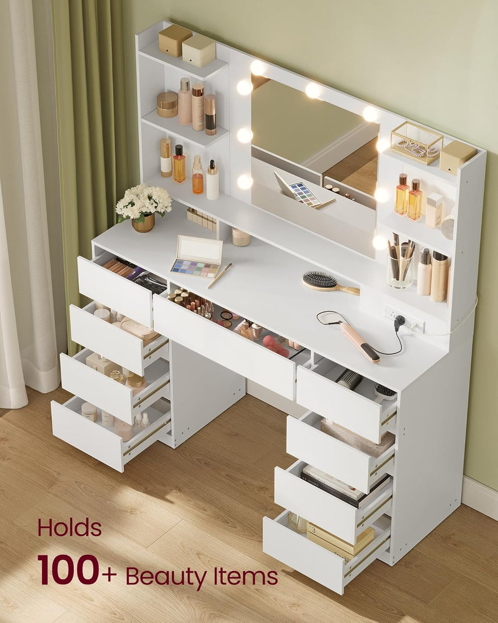 VASAGLE 43.3-Inch Vanity Desk with Mirror and Lights, 9 Drawers | Modern Vani...