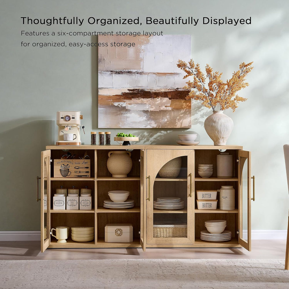 Glass Arched Door Sideboard Buffet Cabinet, Natural Oak