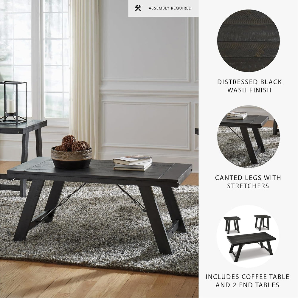 Signature Design by Ashley Farmhouse 3-Piece Table Set, Black Wash | Acacia v...