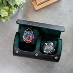 DailyWatch | Watch Roll Travel Case For 2 Watch | Luxury Watch Case In Genuine Black Leather With Soft Velvet Interior | Watch Case Protect, Store, & Display Your Watches | Black Green