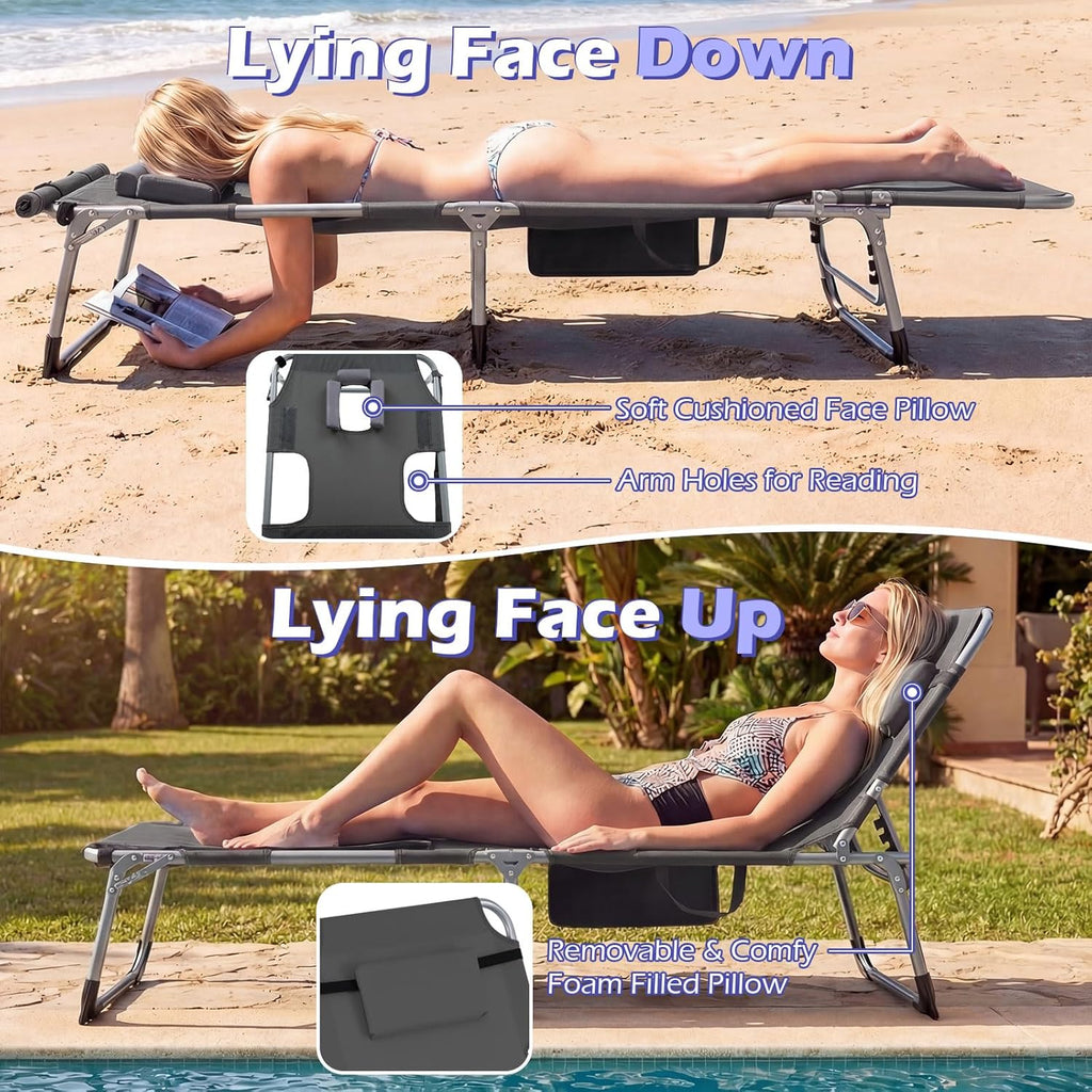 GYMAX Tanning Chair, 3 in 1 Sun Bathing Lounge Chairs with Face/Arm Holes & Side Pocket, Portable Lightweight Face Down Layout Tanning Chair for Outside, Beach, Backyard, Poolside (2, Gray)