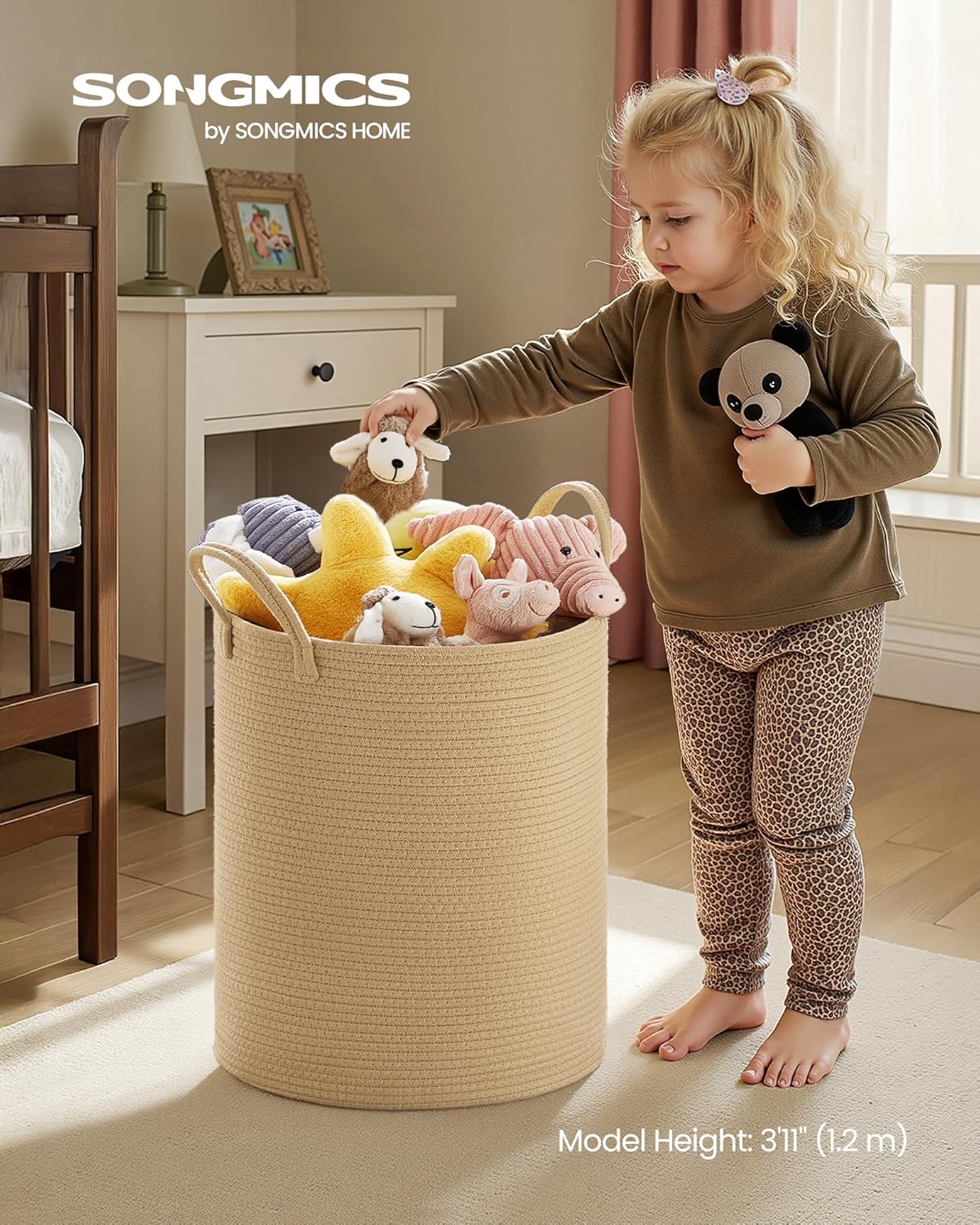 SONGMICS Laundry Hamper, Cotton Rope Laundry Basket with Handles, for Children, Toys, Clothing, Living Room, Bedroom, 15.8 Gallons, 13.8 x 13.8 x 19.7 Inches, Yellowish Brown URLH061KZ01