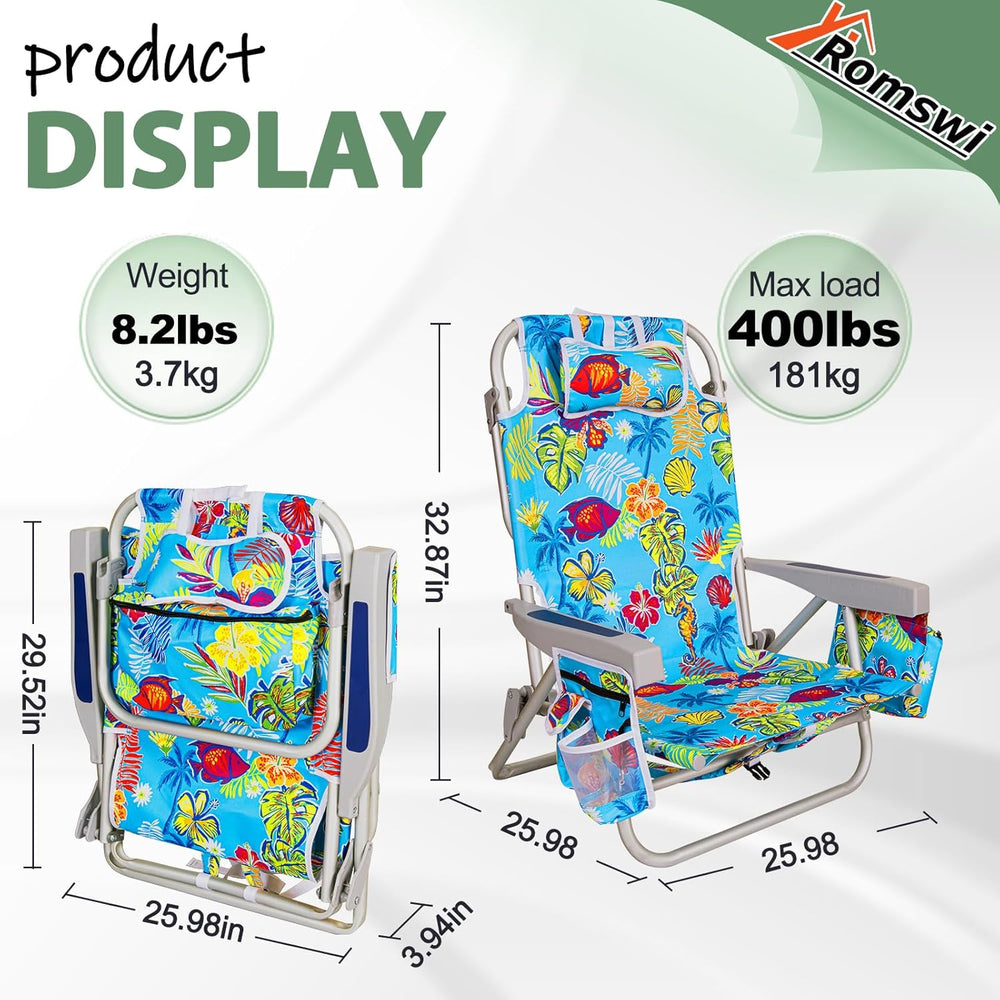 2Pk Aluminum Extra Wide 5-Position Lay Flat Folding Backpack Beach Chairs for...