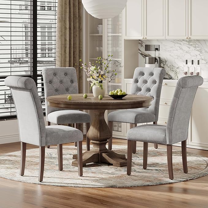 Upholstered Tufted Dining Room Chairs Set of 2, Parsons Kitchen Chairs with Padded Seat and Solid Wood Legs, Fabric Accent Side Diner Chair for Dining Room/Kitchen/Living Room, Light Grey