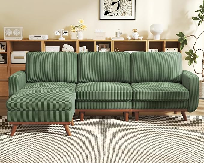 Vesgantti 97" L-Shape Modular Sofa, 3-Seat Corduroy Couch with Movable Ottoman, Sectional Sofa for Living Room, Green