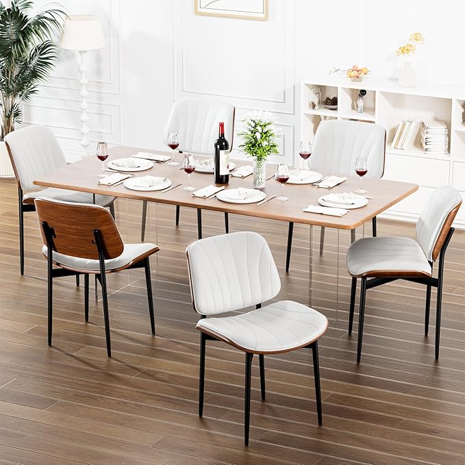 Dining Chairs Set of 2, FSC Certified Mid Century Modern Accent Dining Room and Kitchen Chairs, Upholstered PU Leather Shell Chairs for Vanity with Walnut Bentwood and Metal Legs, White