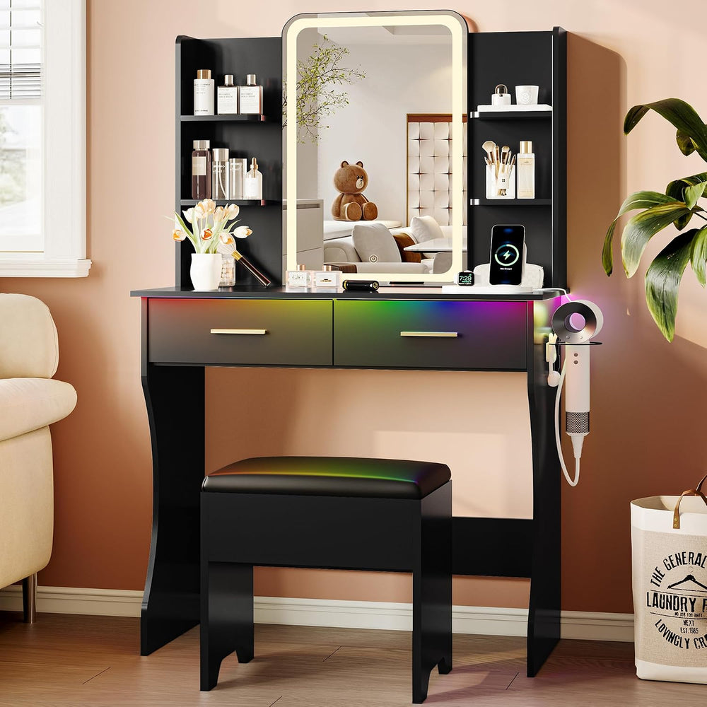 Vanity Desk with LED Lights Mirror & Power Outlet, Small Makeup Vanity Ta...