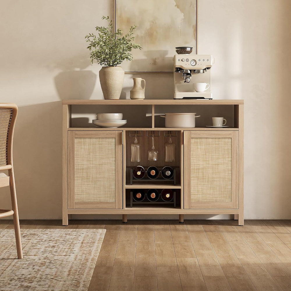 SICOTAS 51" Coffee Bar Cabinet with Storage, Rattan Bar Cart Liquor Cabi...
