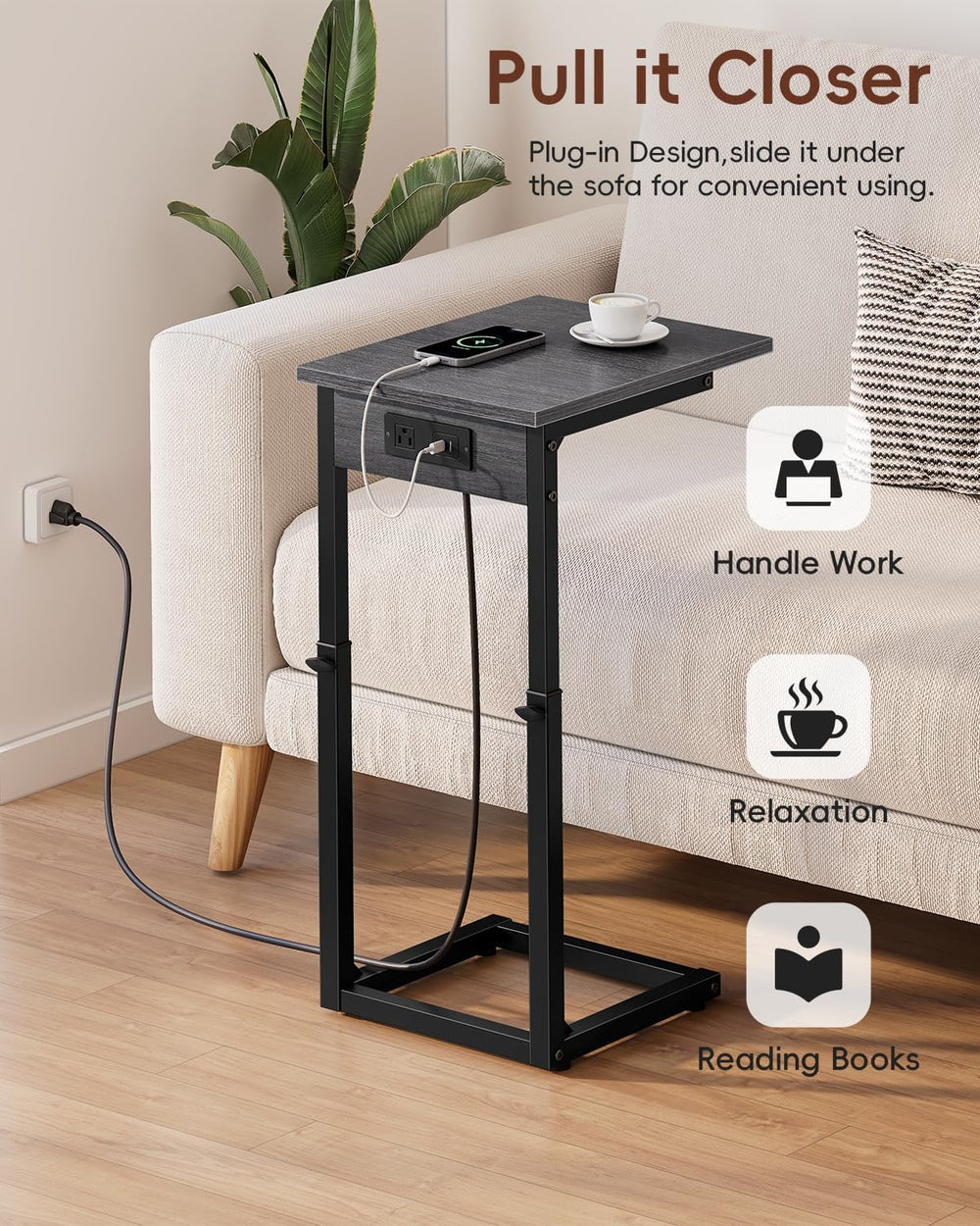 Vagusicc C Shaped End Table with Charging Station, 33" Tall Side Table f...