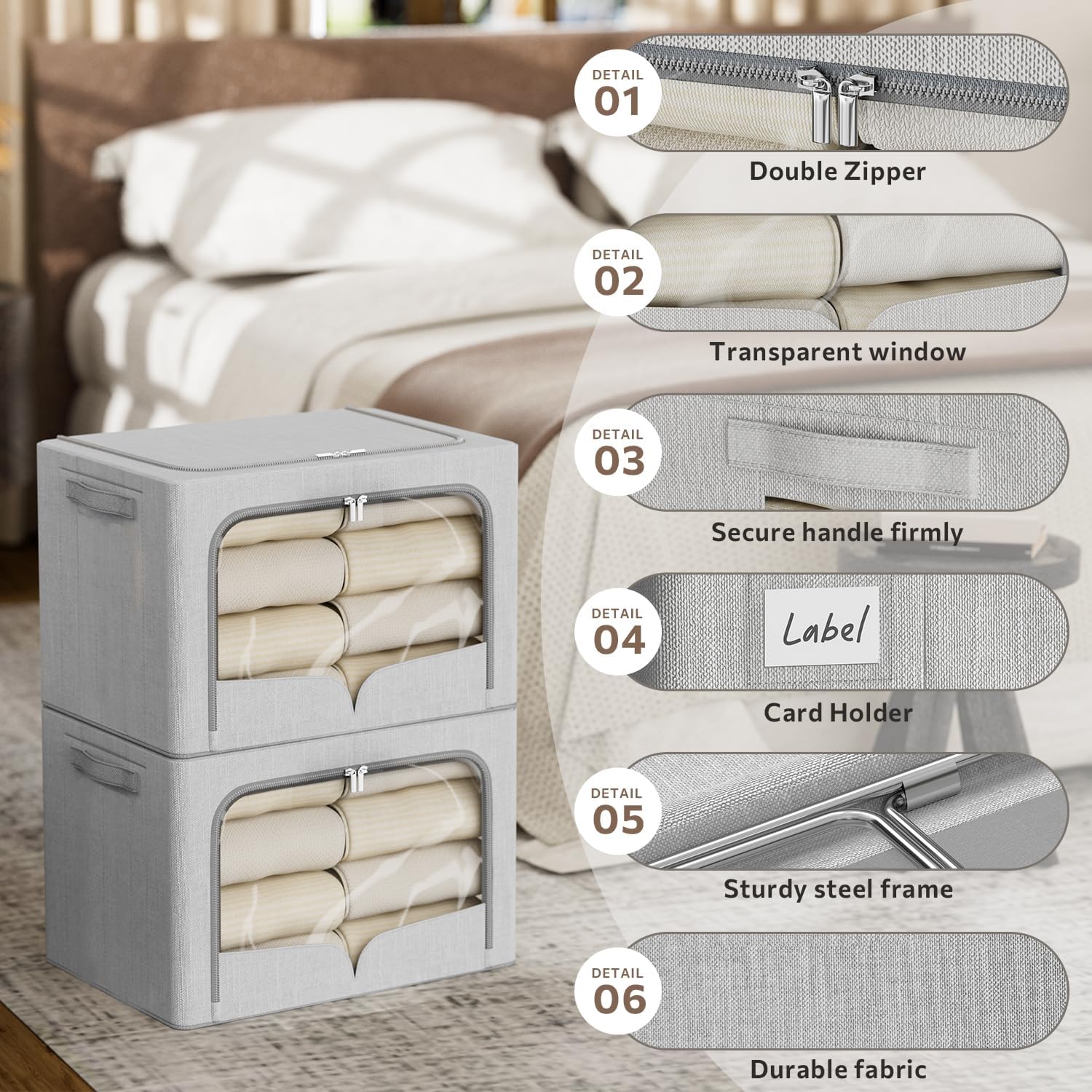 FHSQX 3 Pack Clothes Storage Bins - Foldable Metal Frame Storage Box - Stackable Linen Fabric Container Organizer Set with Carrying Handles and Clear Window (Light Gray, 15.7x11.8x7.8inch(22L))