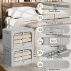 FHSQX 3 Pack Clothes Storage Bins - Foldable Metal Frame Storage Box - Stackable Linen Fabric Container Organizer Set with Carrying Handles and Clear Window (Light Gray, 19.7x15.7x13inch(66L))