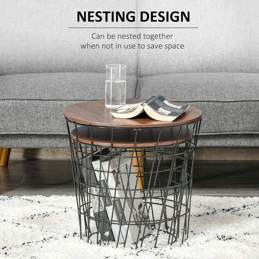 Nesting End Tables Set of 2 with Storage, Round Removable Tops, Black/Brown |...