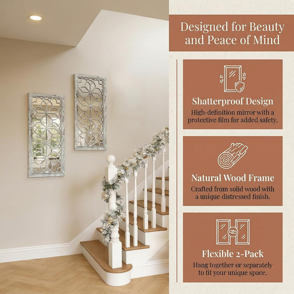 Set of 2 13x30 Inch Large Grey Shatterproof Carved Floral Wood Frame Wall Mir...