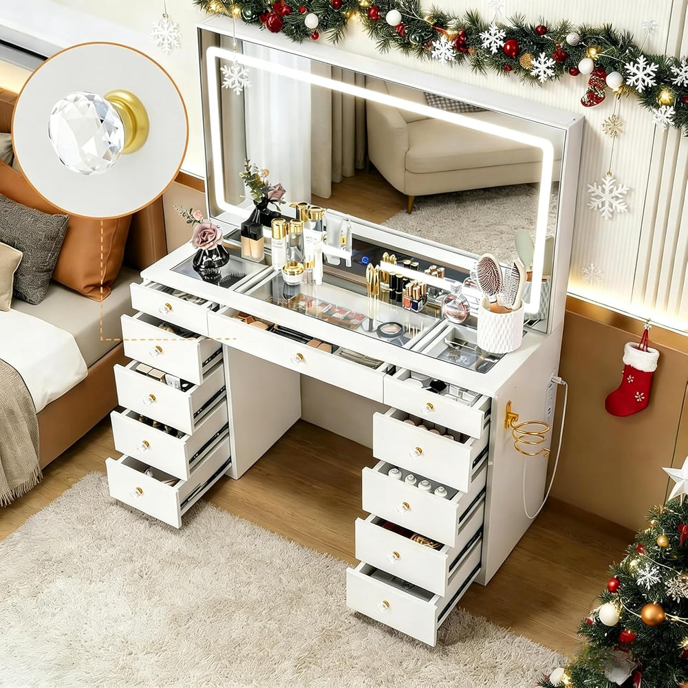 Pamapic Glass Top Vanity Desk with Crystal Handles and 11 Drawers, Makeup Van...