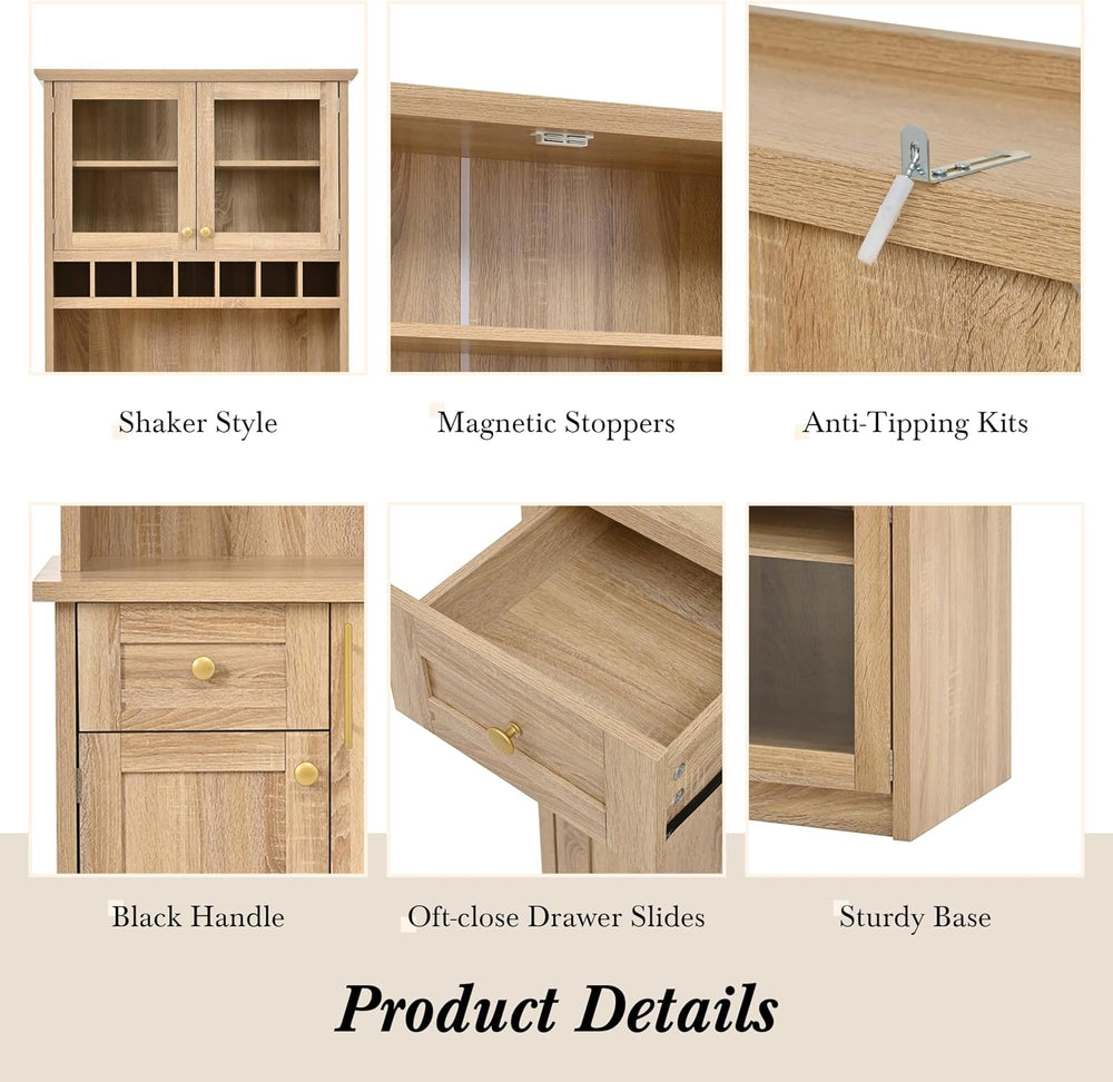 Polibi Farmhouse Freestanding Kitchen Pantry Cabinet Buffet with Hutch, Wine ...