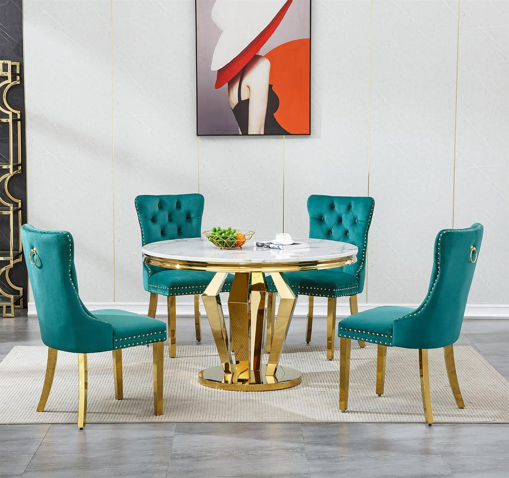 3-Piece Round Marble Dining Table Set for 4 with Velvet Chairs | Modern Faux ...