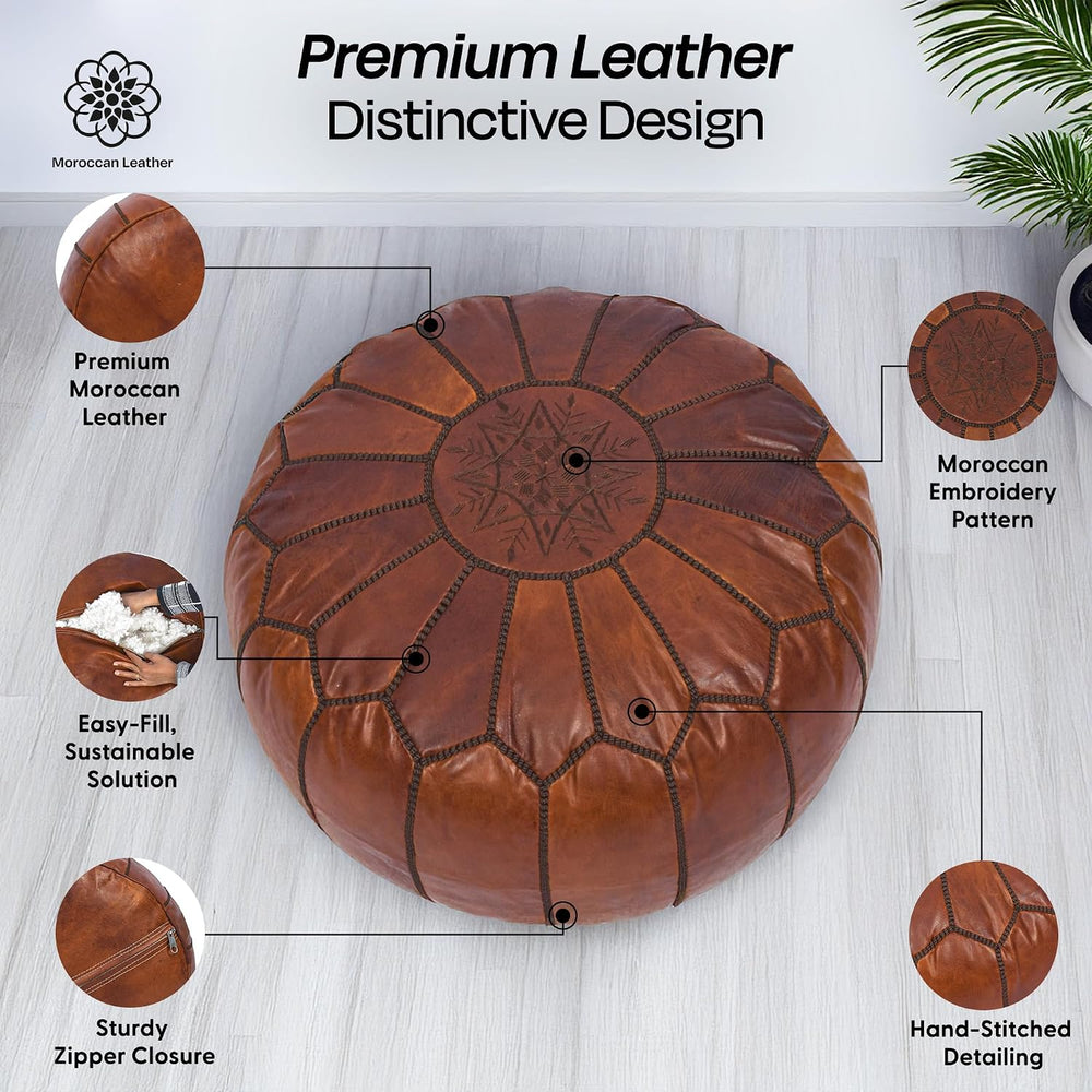 Moroccan Leather Handmade Pouf Ottoman Cover, Unstuffed Foot Stool, Round Boh...